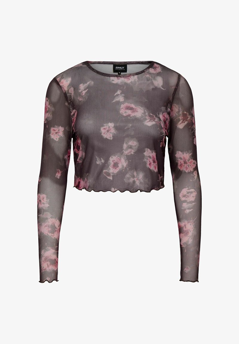 Czarny przezroczysty crop top z long sleeves, ozdobiony różowym kwiatowym wzorem i falbaniastym dołem. Wykonany z lekkiego, przezroczystego materiału.