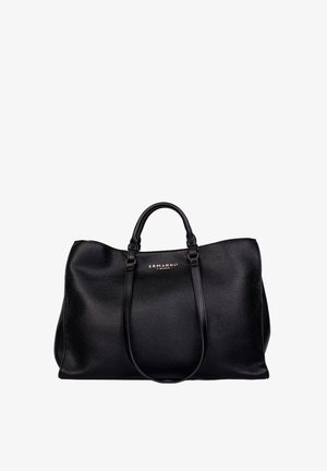 Borsa nera in pelle dalla trama texturizzata con due manici e logo dorato visibile "ERMANNO FIRENZE" al centro anteriore.