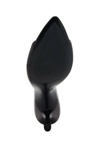 Zapato de tacón alto negro con punta afilada y suela de goma texturizada, que presenta un tacón curvado y una silueta esbelta.