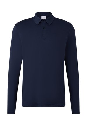 Dunkelblaues Langarm-Polo-Shirt mit Kragen und zwei schwarzen Knöpfen vor einem schlichten weißen Hintergrund.
