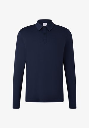 Marineblauwe lange mouw polo met een kraag en twee zwarte knopen op een effen witte achtergrond.