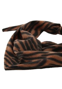 Brown and black striped scarf made of soft fabric, featuring a triangular shape with pointed ends and a smooth texture.