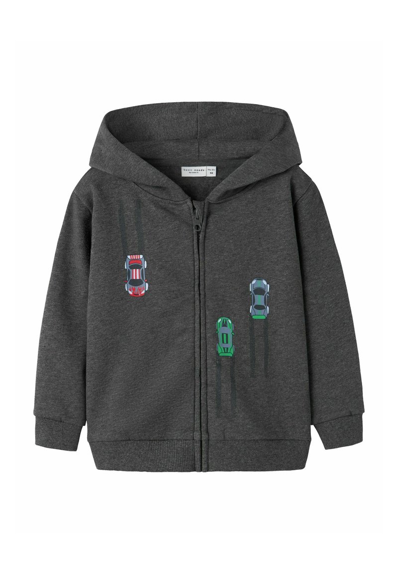 Grauer Zip-Hoodie aus weichem Stoff, mit drei bunten Rennwagenmotiven auf der Vorderseite und einer gemütlichen Kapuze.