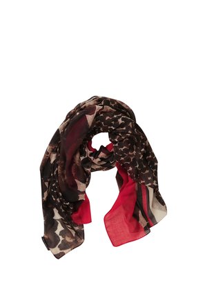 Leichter Schal mit Leopardenmuster, beige und schwarzen Mustern sowie markanten roten Bereichen, gefaltet vor weißem Hintergrund dargestellt.