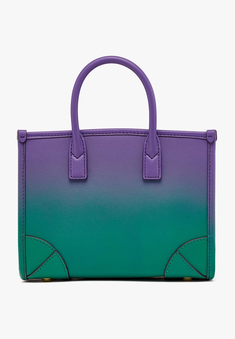 Handtasche aus glattem Leder mit einem sanften Farbverlauf, der von Lila oben zu Teal unten übergeht, mit zwei lila Griffen und Eckenakzenten.