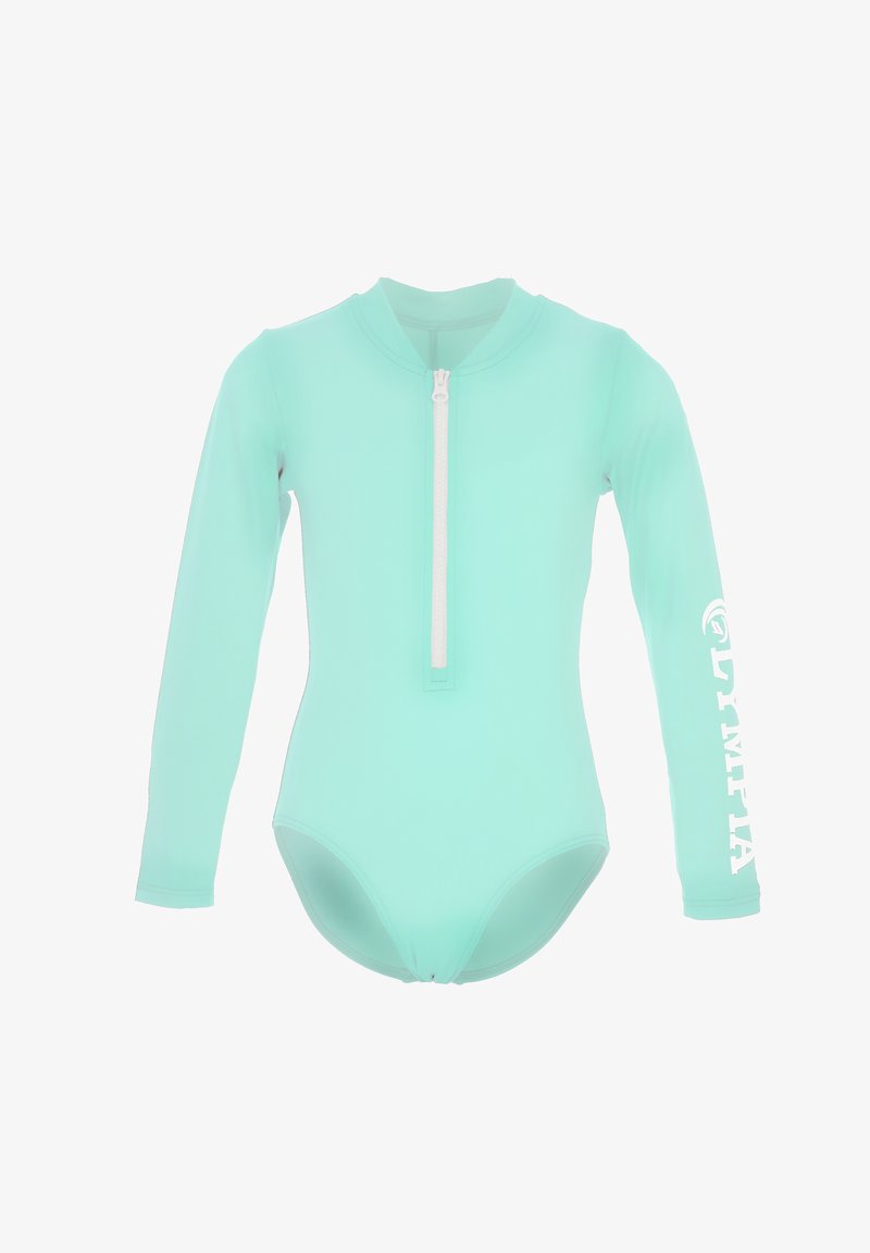 Mėtų žalios spalvos ilgomis rankovėmis maudymosi kostiumas su užtrauktuku priekyje ir balta "LYMPIA" užrašu kairiajame rankove. Glotni, tampri medžiaga.