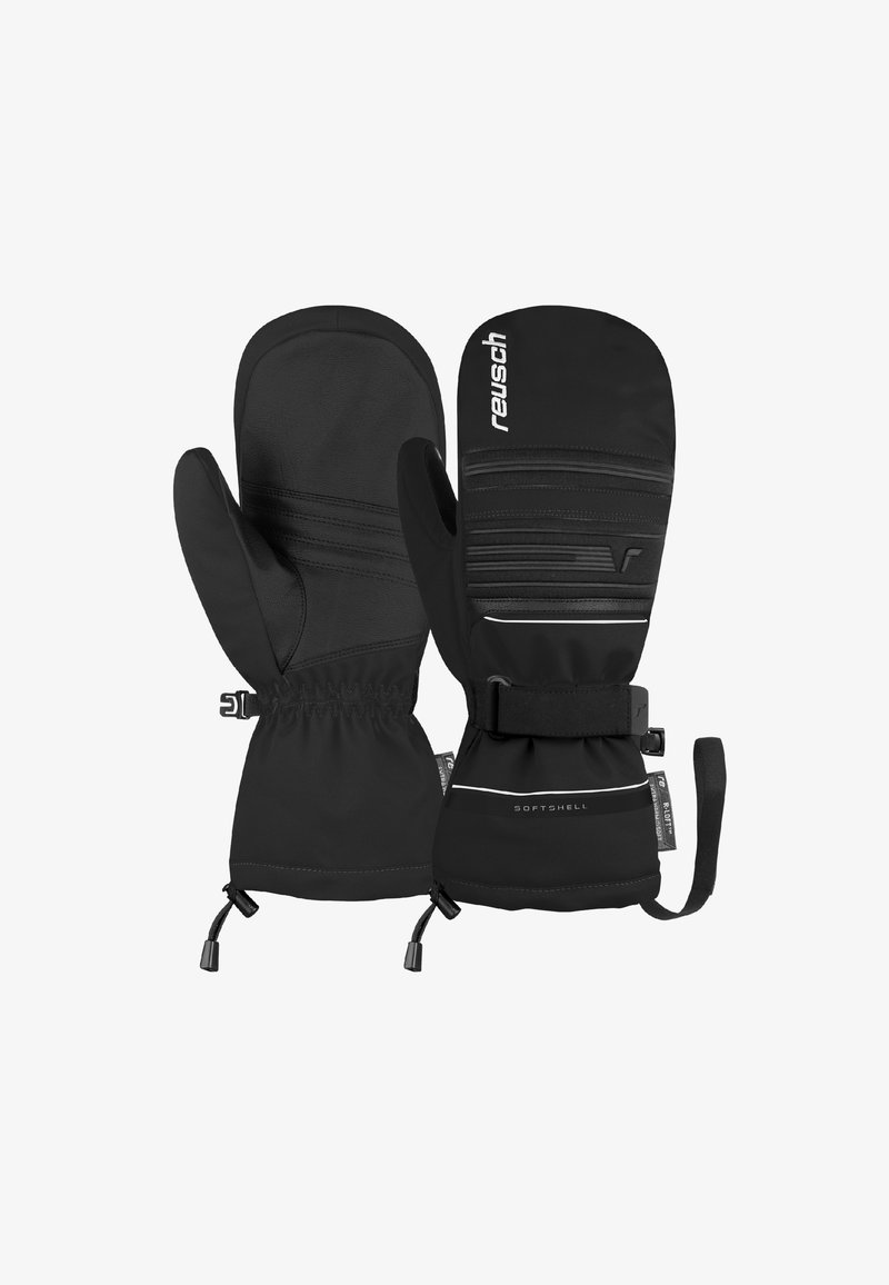 Black softshell mittens with a smooth exterior, elasticized cuffs, and adjustable straps. Features stitching lines and branded accents.