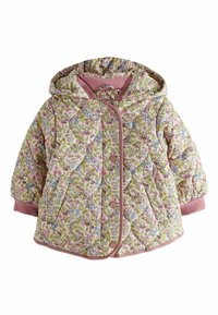 Veste matelassée à imprimé floral en rose, vert et bleu. Dotée d'une capuche, de fermetures à pression, et de poignets ainsi que d'un bord contrastants roses.