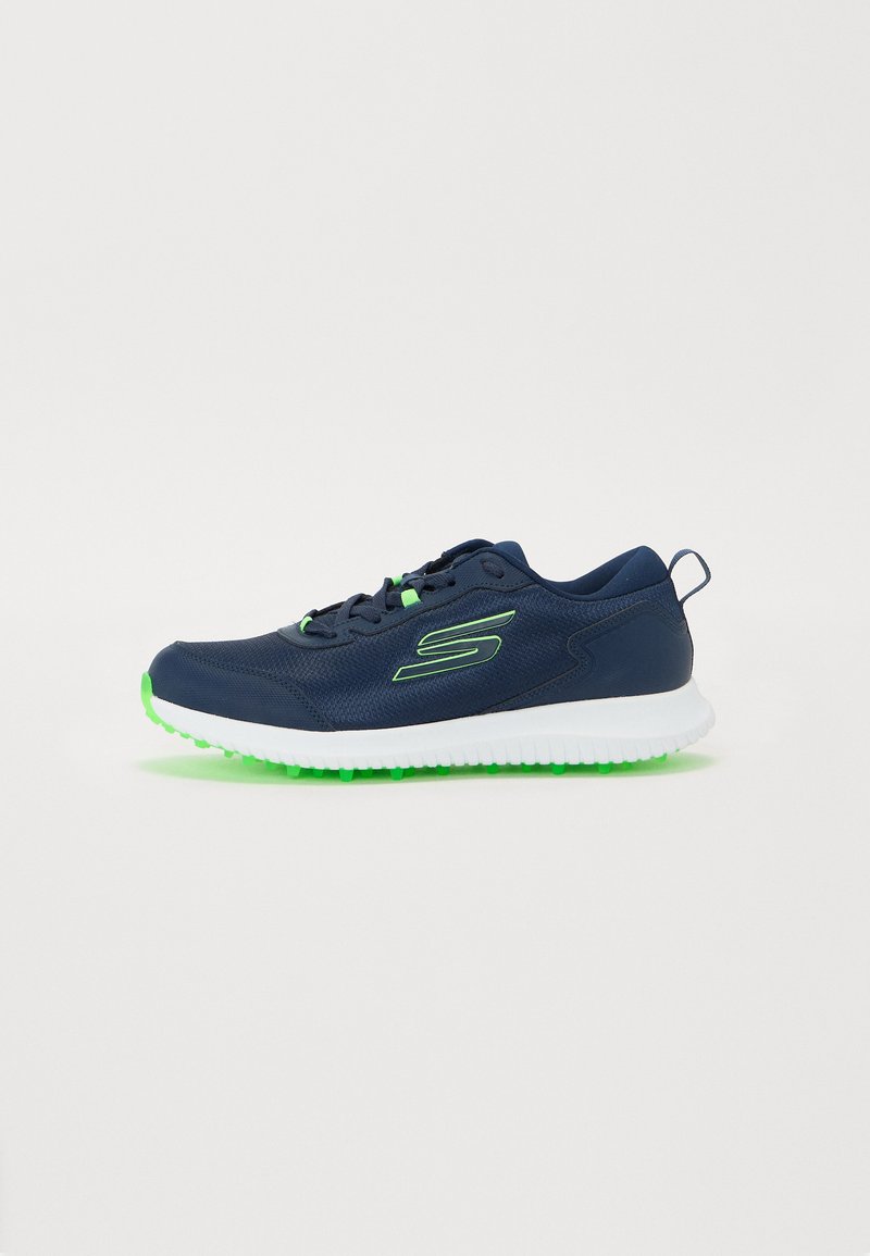 Navy athletic shoes with mesh upper, lime green accents, white midsole, and textured rubber outsole. Includes a pull tab for easy wear.