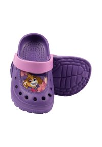 Purple clogs with a pink strap, featuring ventilation holes and a character graphic on the front. Textured sole for grip. Flexible material.