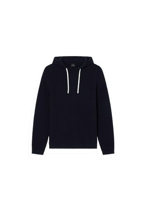 Felpa blu navy con un design a maglia testurizzata, cordini bianchi e polsini e orlo a costine. Presenta un ampio cappuccio e una vestibilità comoda.