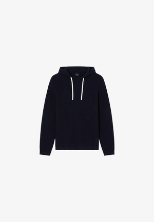 Felpa blu navy con un design a maglia testurizzata, cordini bianchi e polsini e orlo a costine. Presenta un ampio cappuccio e una vestibilità comoda.