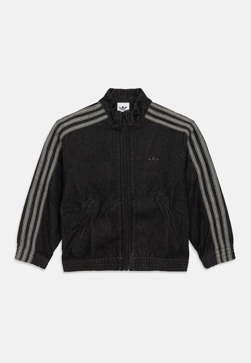 Μαύρο τζACKET με ψηλό γιακά, μπροστινό φερμουάρ, δύο πλαινές τσέπες και τρεις γκρι ρίγες σε κάθε μανίκι. Διακριτό λογότυπο στο στήθος.