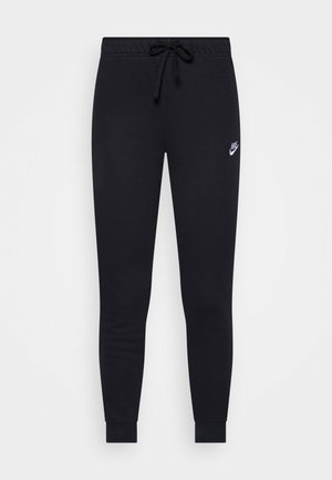 Sweatpants pretos da Nike com cintura ajustável, pernas afuniladas, punhos canelados e um pequeno logótipo na coxa esquerda. Tecido suave e texturado.