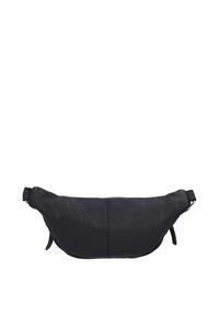 Marsupio in pelle nera con forma arrotondata, caratterizzato da una superficie testurizzata, una tracolla regolabile e un dettaglio centrale in cucitura.