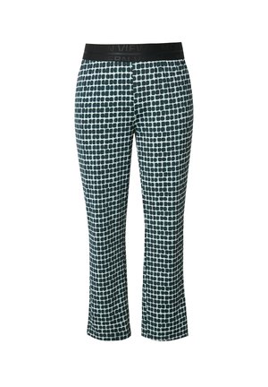Geprinte cropped broeken met een rasterdesign in teal en zwarte tinten, met een zwarte elastische tailleband voor comfort.
