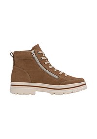 Stivaletti in suede marrone con suola in gomma bianca, dotati di cerniera laterale, lacci frontali e dettagli di cucitura a contrasto.