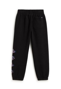 Pantalones de chándal negros con cintura elástica y puños, bolsillo trasero en el lado derecho y patrones abstractos coloridos a lo largo de la pierna izquierda.