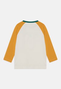T-shirt a maniche lunghe in cotone, con un corpo bianco, maniche raglan giallo senape e un col verde. Texture liscia.