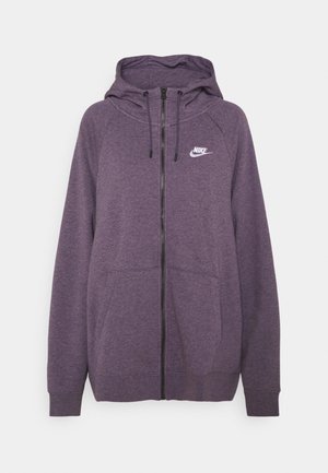 Paarse Nike hoodie met ritssluiting, trekkoord in de capuchon, voorzakken en een wit Nike-logo op de linkerborst.