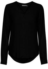 Blusa nera a maniche lunghe in tessuto strutturato, con scollatura a V e orlo curvo. Presenta un motivo discreto e polsini con bottoni.
