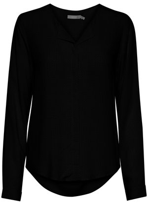 Garās piedurknes melns blūze ar teksturētu audumu, V veida kakla izgriezums un izliekta apakša. Ietverts smalks raksts un pogājami aproces.