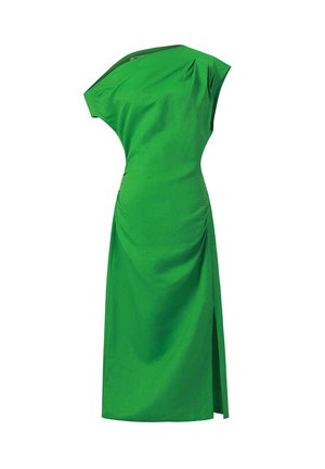 Groene asymmetrische midi-jurk met één schouder, zijsamenrekking en een split aan de rechterkant.