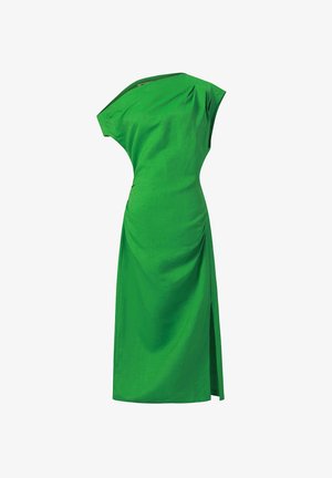 Groene asymmetrische midi-jurk met één schouder, zijsamenrekking en een split aan de rechterkant.