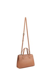 Bruine leren handtas met een gestructureerde silhouette. Voorzien van dubbele bovenhandvatten, een lange verstelbare schouderband en een textuur oppervlak.