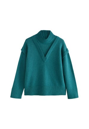 Teal, v-neck sweater with a high ribbed collar. Chunky knit texture, drop shoulder design, and ribbed cuffs. Soft wool-like material.