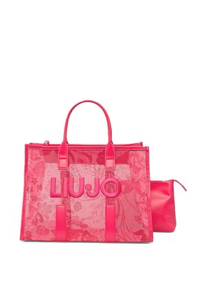 Bolsa tote transparente de color rosa brillante con estampados florales, asas dobles y logo "LIU·JO" en el frente, acompañada de un estuche a juego.