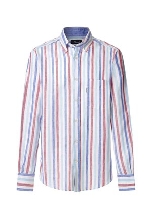 Chemise à rayures avec des lignes verticales rouges, bleues et blanches, faite d'un tissu léger. Présente une seule poche sur la poitrine et un col.