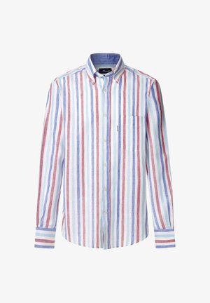 Gestreiftes Hemd mit aufrechten roten, blauen und weißen Linien, aus leichtem Stoff gefertigt. Verfügt über eine einzelne Brusttasche und einen Kragen.