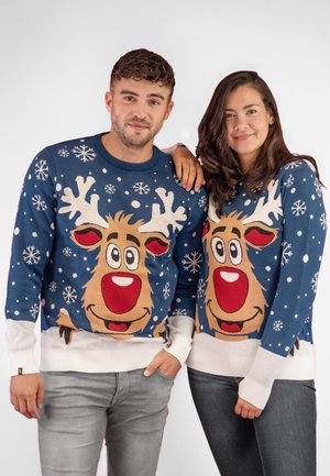 Blaue Strickpullover mit Rentierdesign, verziert mit weißen Schneeflocken und roten Akzenten. Gerippte Bündchen und Saum. Lässige Passform.