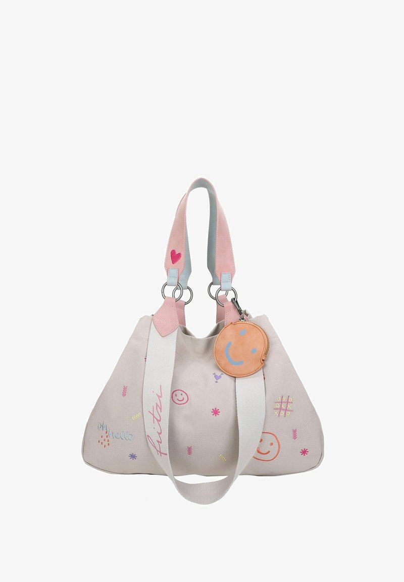 Canvas handbag in light beige with pink leather accents and embroidered designs. Features a round smiley keychain and wide shoulder straps.