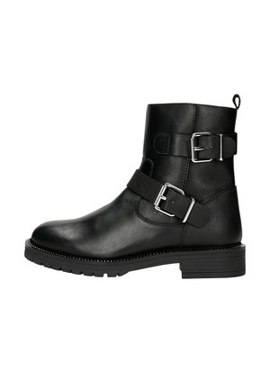 Black leather ankle boot with two silver buckles, a flat rubber sole, and a slight heel. Features a smooth finish and looped pull tab.
