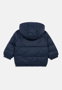 Temno modra zimska jakna s podlogo in kapuco, dolgi rokavi in elastični manšeti, prikazana zadaj na beli podlagi.