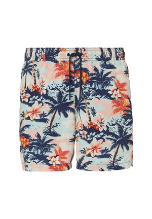 Schwimmshorts mit einer hellblauen Grundfarbe und einem tropischen Blumenmuster in Orange, Pink und Dunkelgrün. Elastischer Bund mit Kordelzug.