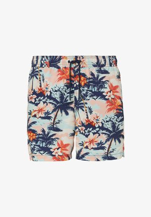 Schwimmshorts mit einer hellblauen Grundfarbe und einem tropischen Blumenmuster in Orange, Pink und Dunkelgrün. Elastischer Bund mit Kordelzug.