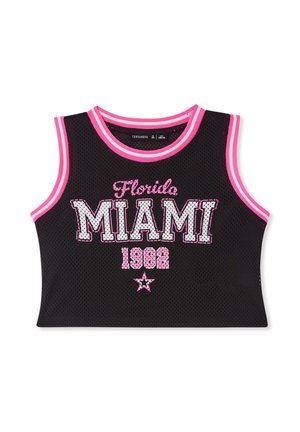 Top corto senza maniche in rete nera con bordo rosa, testo "Florida MIAMI 1982" e grafica di una stella sul davanti.