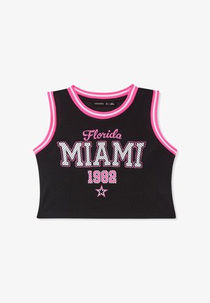 Czarny siateczkowy top bez rękawów z różowym obszyciem, z napisem "Florida MIAMI 1982" i gwiazdką na przodzie.