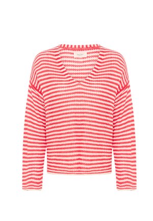 Red and white striped knitted sweater with a V-neck, drop shoulders, and long sleeves. Material appears soft and textured.