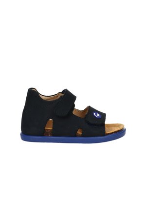 Sandalo per bambini nero e blu con due cinturini regolabili in Velcro e design con punta aperta.
