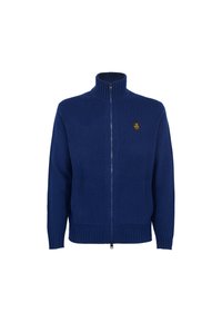 Pullover blu con zip e collettino alto, polsini e orlo a costine. Presenta due tasche frontali e un piccolo logo sul lato sinistro del petto. Tessuto morbido.