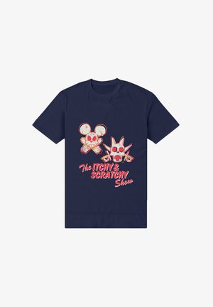 Námořnické bavlněné tričko s grafickým potiskem dvou postav lebek s červenými akcenty a nápisem "The ITCHY & SCRATCHY Show" pod nimi.
