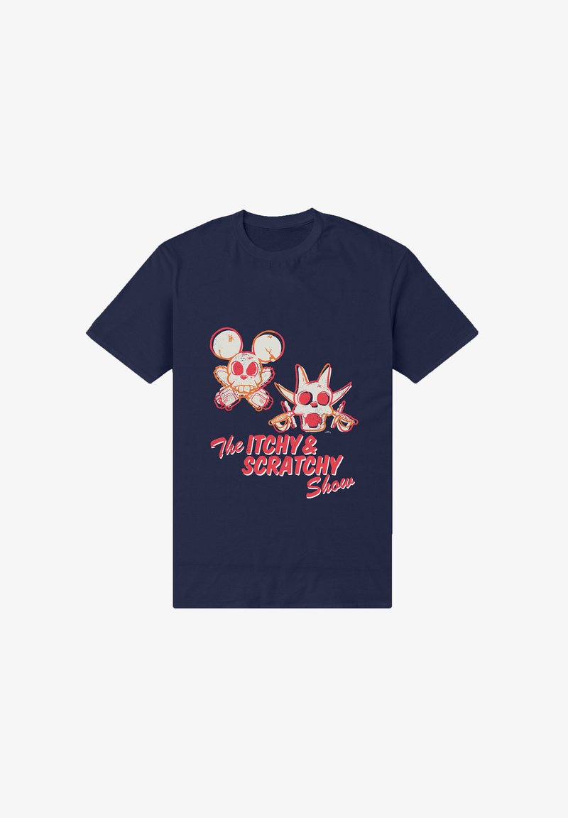 Námořnické bavlněné tričko s grafickým potiskem dvou postav lebek s červenými akcenty a nápisem "The ITCHY & SCRATCHY Show" pod nimi.