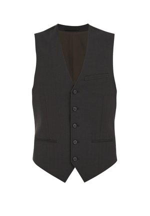 Tumši pelēkā herringbone veste ar dziļu V veida kakla izgriezumu, pieciem pogu aizdariem, divām priekšējām kabatām un gludām iekšējām oderēm.