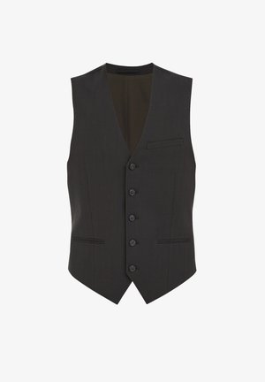 Mørk grå hørformet vest med dyb v-hals, fem knaplukninger, to forlommer og en glat indvendig foring.