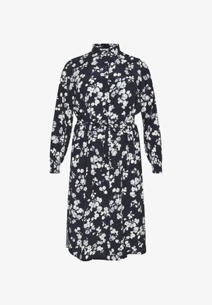 Floral dress in dark navy with white blossoms, collared neckline, long sleeves, cinched waist with a belt, and flowing hemline.