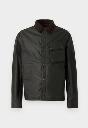 Tumši zaļš jaciņa ar brūnu korduroja apkakli, pogu aizdare, viens krūšu kabata un gluda, nedaudz spīdīga tekstūra.